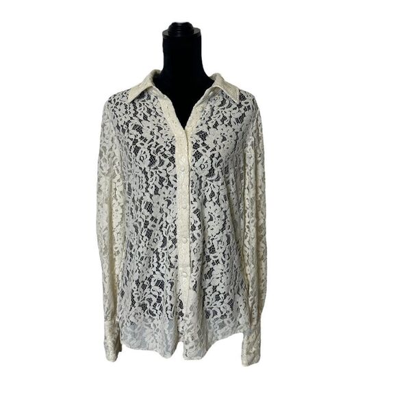 Boston Proper Velvet Lace Victoria Chic Drama Sleeve Button Up Shirt Size Large - Picture 2 of 16